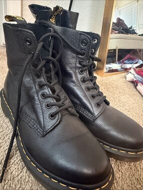 Dr. Martens Black Leather 8-Eye Lace-Up Boots with Yellow Stitching